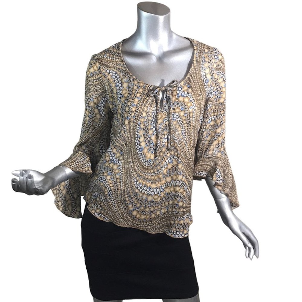 Vintage 90's Anxiety Women's Large Floral Flutter Bell Sleeve Blouse Brown Beige